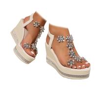 MAOAEAD Sandali da donna con zeppa e fiore con strass, con zeppa, con zeppa, punta aperta, eleganti, estivi, ortopedici, sandali con zeppa per le donne, Beige, 40.5 EU