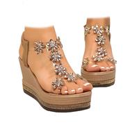 MAOAEAD Sandali da donna con zeppa e fiore con strass, con zeppa, con zeppa, punta aperta, eleganti, estivi, ortopedici, sandali con zeppa per le donne, cachi, 41.5 EU