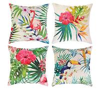 MaoXinTek Fodera per Cuscino, Fenicottero Tropicale Fiore Le Foglie Cotone Biancheria Cuscino Decorativo Caso per Divano Letto Auto 44.5 x 44.5 cm, Set di 4