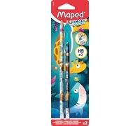Maped - 2 matite per carta HB punta gomma + guida per dito giungla febbre - strumento divertente per imparare a scrivere - Consigliato dagli insegnanti - dai 3 anni