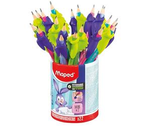 Maped - 22 matite grafite HB + guida dita coniglio e camaleonte Kidy Learn - punta gomma - ideale per imparare la scrittura - da 3 anni