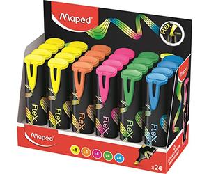 Maped - 24 evidenziatori Fluo'Peps Flex, punta morbida e flessibile, espositore da 24 pezzi, colori: giallo, blu, verde, rosa e arancione