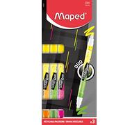 Maped - 3 evidenziatori fluorescenti Peps Duo - Penne fluorescenti 2 in 1 con doppia punta - Comodo per scrivere su tutti i tipi di carta - Feltro fluorescente ergonomico giallo + verde + rosa +