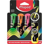 Maped - 4 evidenziatori Fluo Peps Flex - Punta morbida flessibile - Comfort di scrittura su tutti i tipi di carta - Colori luminosi giallo + verde + rosa + arancione