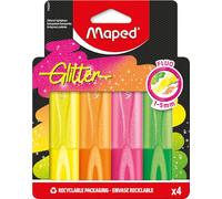 Maped - 740247-4 - Evidenziatori fluorescenti glitterati, punta a scalpello, a lunga durata, per scuola, lettering, bullet journal e professionale, 4 colori neon glitterati