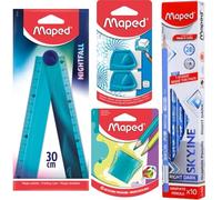 Maped Cancelleria per il ritorno a scuola, 10 matite, temperamatite 2H con contenitore, 2 gomme con custodia, scala pieghevole in 1 combinazione, ideale per studenti, ufficio e uso quotidiano