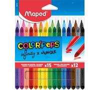 Maped - Combo Pack Color'Peps - 15 matite colorate Infinity + 12 feltri lavabili e resistenti all'asciugatura - Punta media bloccata - Colori vivaci - Sacchetto di cartone