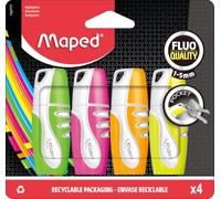 Maped - Confezione da 4 mini evidenziatori FLUO'PEPS - Evidenziatori a punta scalpello - Formato tascabile - 4 colori assortiti: verde, rosa, giallo, arancione