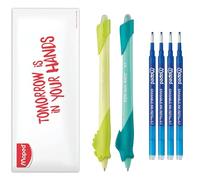 Maped - Confezione di 2 Penne Cancellabili Kidy Learn - 2 Penne per Bambini Camaleonte & Squalo con Gomma Integrata - Ricaricabili ed Ergonomiche - Apprendimento della Scrittura - Confezione con 4