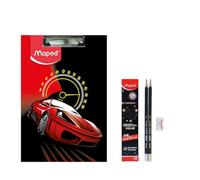 Maped Kit per esami - Set da 12 pezzi (tema auto) | Appunti di fascia alta e matite scure in legno | Pad per esami per studenti | Ideale per studenti delle scuole | Kit essenziale per esami