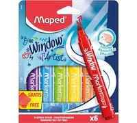 Maped Marker'Peps - Pennarelli per finestre, punta larga 5 mm e inchiostro cancellabile ad acqua, 6 pennarelli assortiti con superfici vetrate + 1 panno in microfibra, 20 x 20 cm