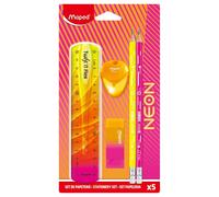 Maped Neon Set Cancelleria - Include Righello, Matite, Gomma e Temperino - 5 Pz