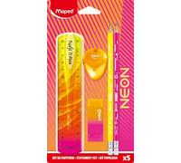 MAPED Neon Set Di Cancelleria Scuola Con 5 Pezzi: 2 Matite, Righello Flessibile, Temperamatite E Gomma Da Cancellare, Materiale Scuola Di Alta Qualità Per Bambini E Adulti, Design Ergonomico E Colori