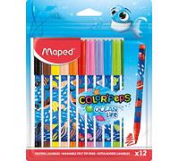 Maped - Pennarelli Ocean Life - 12 pezzi - Punta media da 2 mm - Perfetto per disegnare e dipingere - Punta resistente (non bloccata) - Colori vivaci - Borsa di plastica riutilizzabile