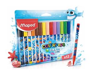 Maped - Pennarelli Ocean Life - 12 pezzi - Punta media da 2 mm - Perfetto per disegnare e dipingere - Punta resistente (non bloccata) - Colori vivaci - Borsa di plastica riutilizzabile