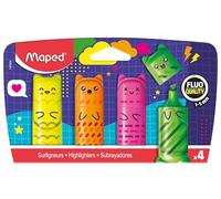Maped - Set di 4 mini evidenziatori fluorescenti - Formato compatto a forma di personaggi kawai - Colori vivaci: giallo, arancione, rosa e verde