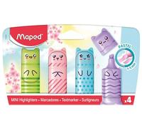 Maped - 4 mini evidenziatori PASTEL - Evidenziatori tascabili originali a forma di personaggi Kawaii - Verde, Blu, Rosa e Viola Pastello