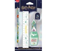 Maped - Set di cancelleria Harry Potter Compleanno 25 anni - 4 pezzi - 1 righello 15 cm + 1 temperino serbatoio + 1 gomma + 1 matita grafite HB - Edizione limitata