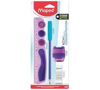 Maped - Set Kidy Learn Concentration Violet - righello 20 cm infrangibile - Temperamatite - Gomma - Matita grafite punta rilassante sensoriale - Aiuta la concentrazione - Consigliato dagli insegnanti