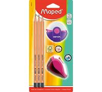 Maped - Starter set per studenti in legno certificato FSC, 3 matite BLACK'PEPS, 1 gomma ZENOA, 1 temperamatite CLEAN - verde, rosa, blu - colori casuali, 5 pezzi (confezione da 1)