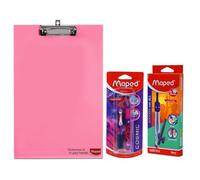 Maped StudyMate - Set di 3 compasso, 9 pezzi, con portablocco in MDF color pastello e penna stilografica, set completo di studio per esami scolastici e studenti, ideale per disegnare, redigere e