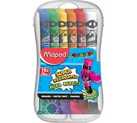 Maped - Tempera a guazzo per bambini - 12 colori intensi super pigmentati - Facile da aprire - Tappo a scatto - Scatola di plastica infrangibile con scomparti per la diluizione - 12 tubetti da 12 ml