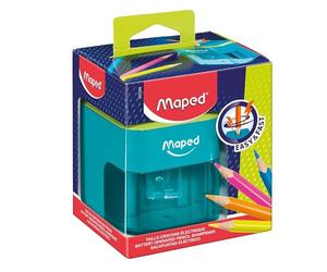 Maped - Temperamatite elettrico - Temperamatite elettrico a batteria - 1 foro, diametro standard da 6 a 8 mm - Affilatura automatica e veloce - Con serbatoio - Bicolore blu/verde
