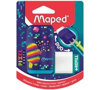 Maped - Temperamatite Gomma Duo Pixel Party - 2 in 1 - Temperamatite a 2 fori + gomma, senza PVC e ftalati - Con ricarica gomma