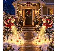 MAPHRWZ Solar Santa Garden Stake Light, Cascading Christmas Yard Decor | Warm LED gift, candy cane and star accents for lawns, paths, gardens and festive outdoor displays(2pack)
