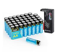 Maplin 40 batterie alcaline AA LR6 da 1,5 V, durata di 10 anni, ad alte prestazioni, con tester universale per batterie