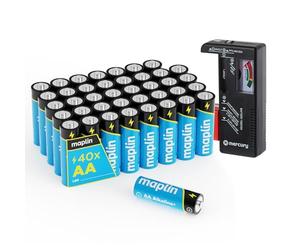 Maplin 40 batterie alcaline AA LR6 da 1,5 V, durata di 10 anni, ad alte prestazioni, con tester universale per batterie