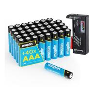 Maplin 40 batterie alcaline AAA LR03 da 1,5 V (tripla A), durata di 10 anni, ad alte prestazioni, con tester universale per batterie