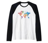 Mappa Colorata Della Terra Paesi Continente Geografia Mappa Maglia con Maniche Raglan