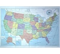 Mappa da parete degli Stati Uniti d'America, 100 x 69,8 cm, capitali, città, stato e confini internazionali, grandi fiumi, laghi (carta piegata)