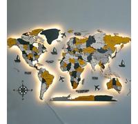 Mappa del mondo 3D a LED da parete in legno e acrilico, formato extra large 59/79/98/118 pollici, decorazione artistica 3D da parete, regalo per la casa moderna con illuminazione a LED, murale da app
