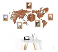 Mappa del mondo 3D in legno con set di orologi con cornice, orologi da parete, orologi da mondo, nero, mappa del mondo for soggiorno, ufficio e camera da letto, decorazione da parete in legno(Brown,18