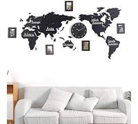 Mappa del mondo 3D in legno con set di orologi con cornice, orologi da parete, orologi da mondo, nero, mappa del mondo for soggiorno, ufficio e camera da letto, decorazione da parete in legno(Black,22