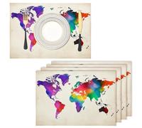 Mappa Del Mondo Colorata Tovaglietta Americana Set di 2, Multicolore Lavabili Colazione Tovagliettes, Cucina Lino Cotone Acquerello D'Epoca per Tavolo Da Pranzo per Le Vacanze Cucina Feste 45x30cm