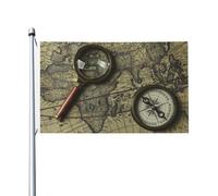 Mappa del mondo con bussola e lente d'ingrandimento per esterni, bandiera bifacciale 3x5, striscioni per decorazioni da giardino per esterni, decorazioni da parete per feste, sfondo per esterni, inter