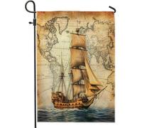 Mappa del mondo con nave nautica e bandiera verticale da giardino, 30,5 x 45,7 cm, double face, per esterni, con barca estetica vintage anni '70, bandiera con stampa per la casa, divertente e alla