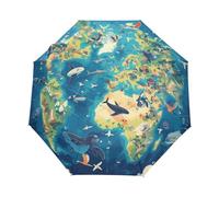 Mappa Del Mondo Dei Pesci Di Mare Ombrello Pieghevole Automatico Ombrelli Antivento Protezione UV da Viaggio per Bambini Ragazzi Ragazze