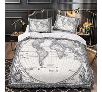 Mappa del mondo d'epoca Set Di Copripiumino Biancheria da letto 3 Pezzi ultra microfibra stampa di 3D con federa con cerniera Cartografia antica copripiumino for adulti e bambini Single（135x200cm）