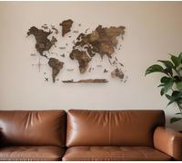 Mappa Del Mondo In Legno Marrone Appesa Scultura Dimensionale 24" X 39"