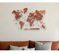 Mappa Del Mondo In Legno Marrone E Tan Appesa Scultura Dimensionale 24" X 39"