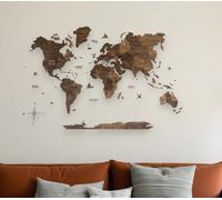 Mappa Del Mondo In Legno Marrone Scuro Appesa Scultura Dimensionale 35" X 59"