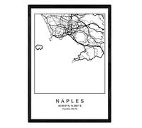 Mappa della Città di Napoli Stampa Stile Nordico in Bianco e Nero. Poster Formato A3 Incorniciato con Cornice Nera Carta Stampata 250 gr. Quadri, Stampe e Poster per Soggiorno e Camera da Letto