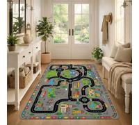 Mappa della città Strada Rete Fanciful Area Tappeto 3' X 5' | Winding Road Network, Alfabeto Border, Illustrated Town Buildings, Green Parkland, Fanciful Urban Theme