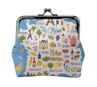 Mappa della Francia con icone Decorat Stampa Squisita Versatile Bacio Lock Coin Purse Carino Piccolo Portafoglio con Cerniera per Monete Carte