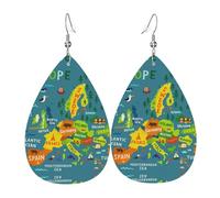 Mappa dell'Europa con orecchini colorati in pelle a goccia da donna con stampa ciondolo con gancio moda vintage festa uso quotidiano, Misura unica, Pelle