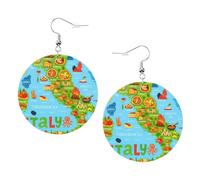 Mappa dell'Italia con icone del cibo stampate orecchini rotondi per le donne, 1 paio di orecchini in pelle leggera con forato set di gioielli alla moda regali per donne ragazze, One Size, Poliestere